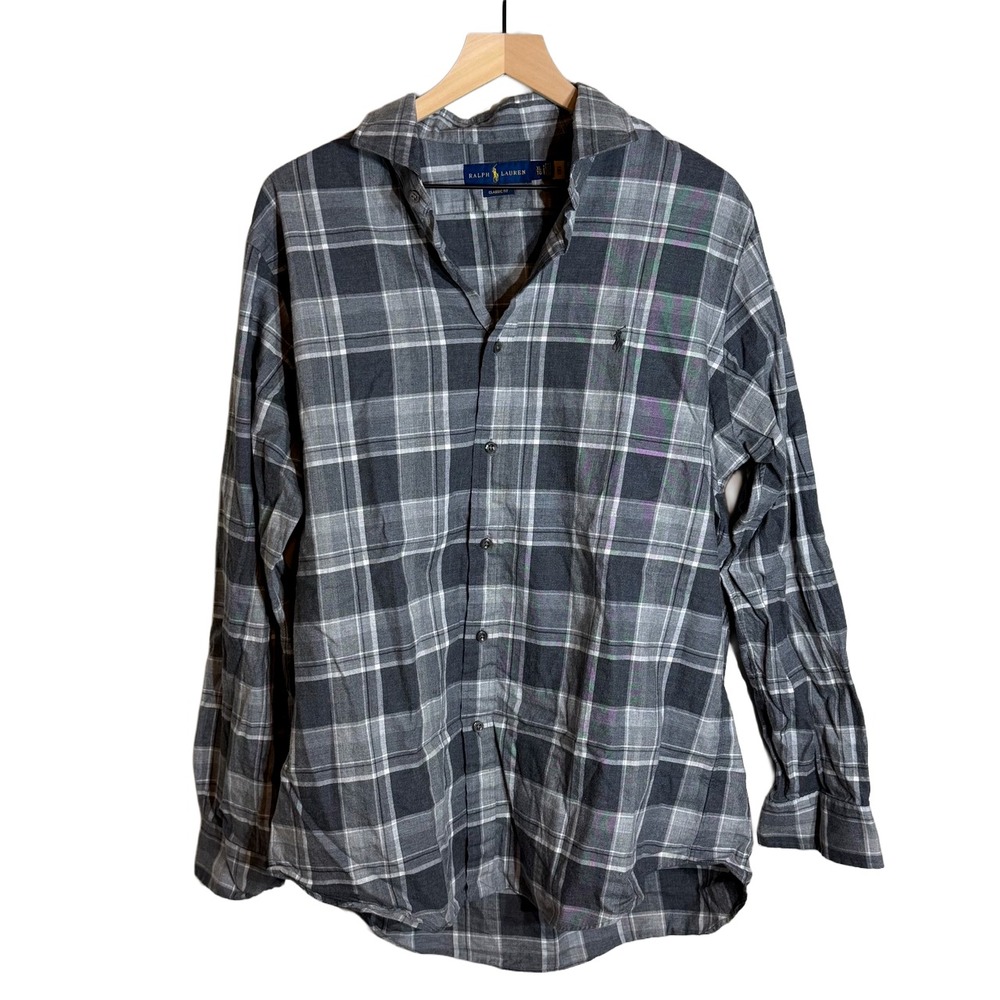 Ralph Lauren Mens XL Classic Fit Long Sleeve Gray Plaid with Gray Pony Preppy